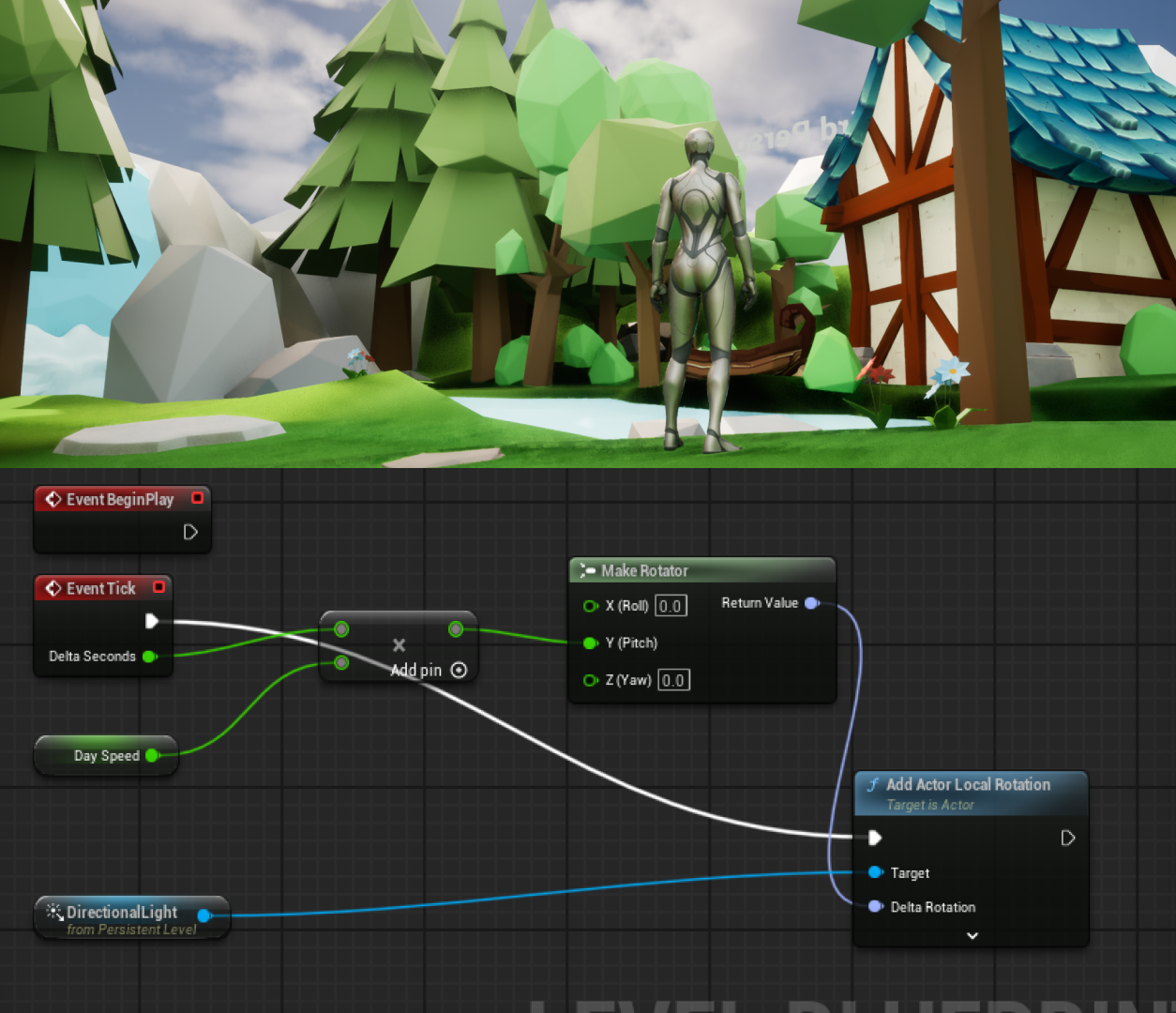 
      <b>Action:</b> I followed the tutorial for a day-night cycle to add more atmospheric feel and a sense of passing time while playing the game.<br><br>
      <b>Reflection:</b> This was the first time I used node programming in unreal engine. Node programming seemed intimidating at first but the tutorial made it much easier to follow and implementing it was simple. I was able to quickly get lighting that shows the capabilities of real time rendering in unreal engine.<br><br>
      <b>Research:</b> <a href='https://www.youtube.com/watch?v=GQKwYVBI2wo' target='_blank'>Youtube</a>